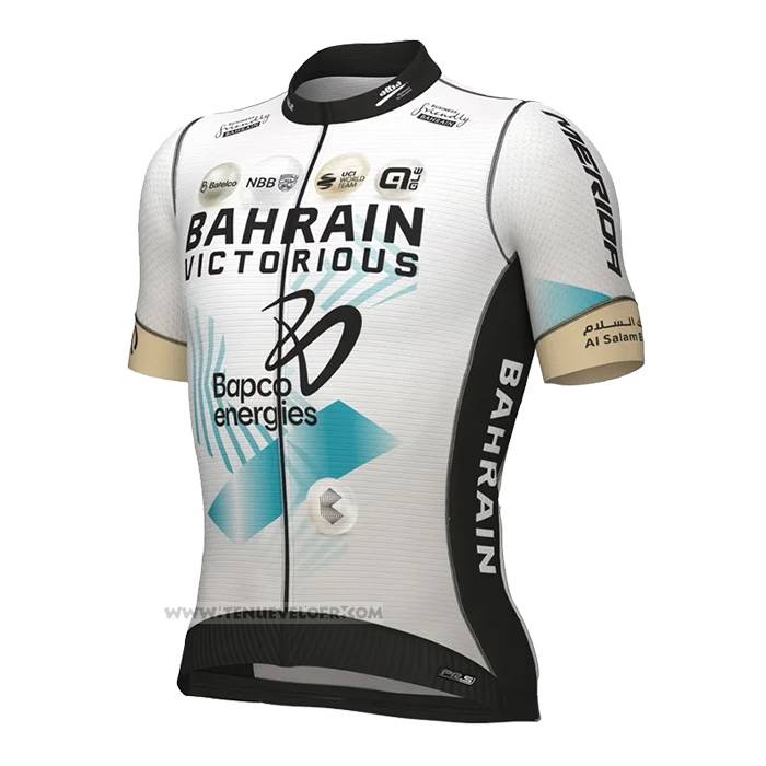 2023 Maillot Cyclisme Bahrain Victorious Blanc Manches Courtes et Cuissard